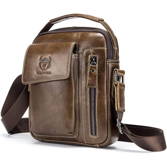 💫 Lukzijaes Leather Genuine Men Brown Small Lightweight Sling Messenger Bag - Picture 1 of 7